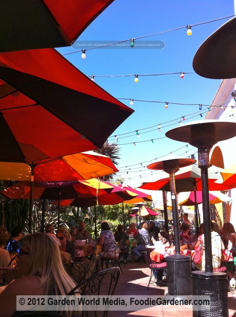 Casa de Bandini Patio dining with umbrellas and colored string lights