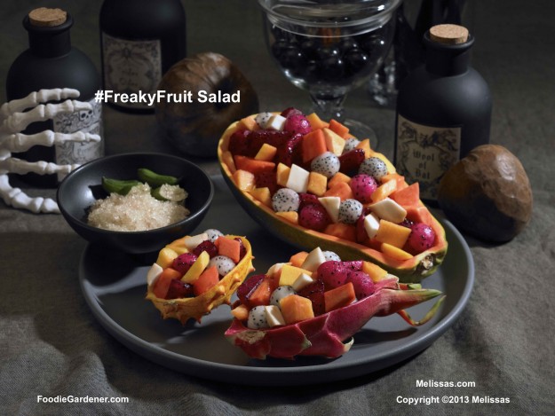 Freaky Fruit salad with tropical fruit- papaya, cherimoya, dragon fruit and pomegranate