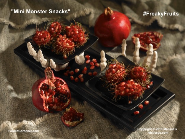 Little monster snacks are emptied rambutan shells filled with pomegranate seeds