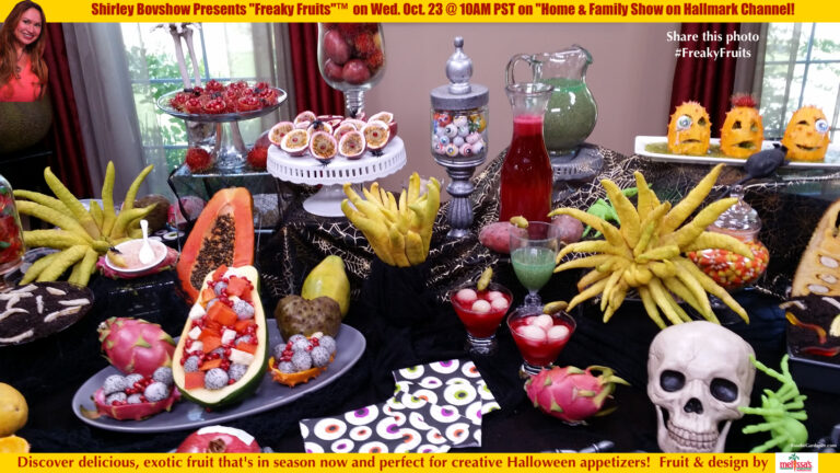 Freaky Fruits, an exotic collection of Fall-time, in season fruit is used as Halloween appetizers and decor