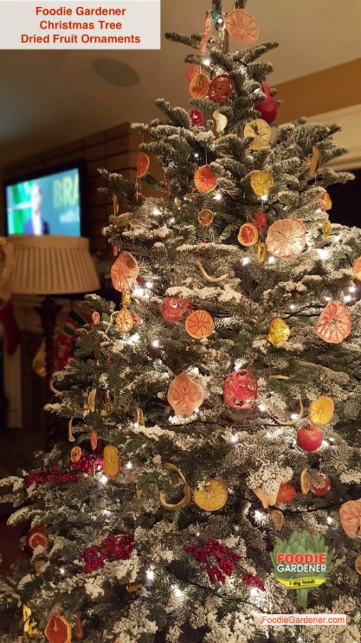 flocked-noble-fir-christmas-tree-with-dried-fruit-ornaments-pomelo-citrus-orange-limes-grapefruit-tomatoes-apples-Shirley-bovshow-edible-garden-designer-foodie-gardener
