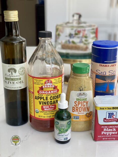 Ingredients for a homemade salad dressing in single server portion